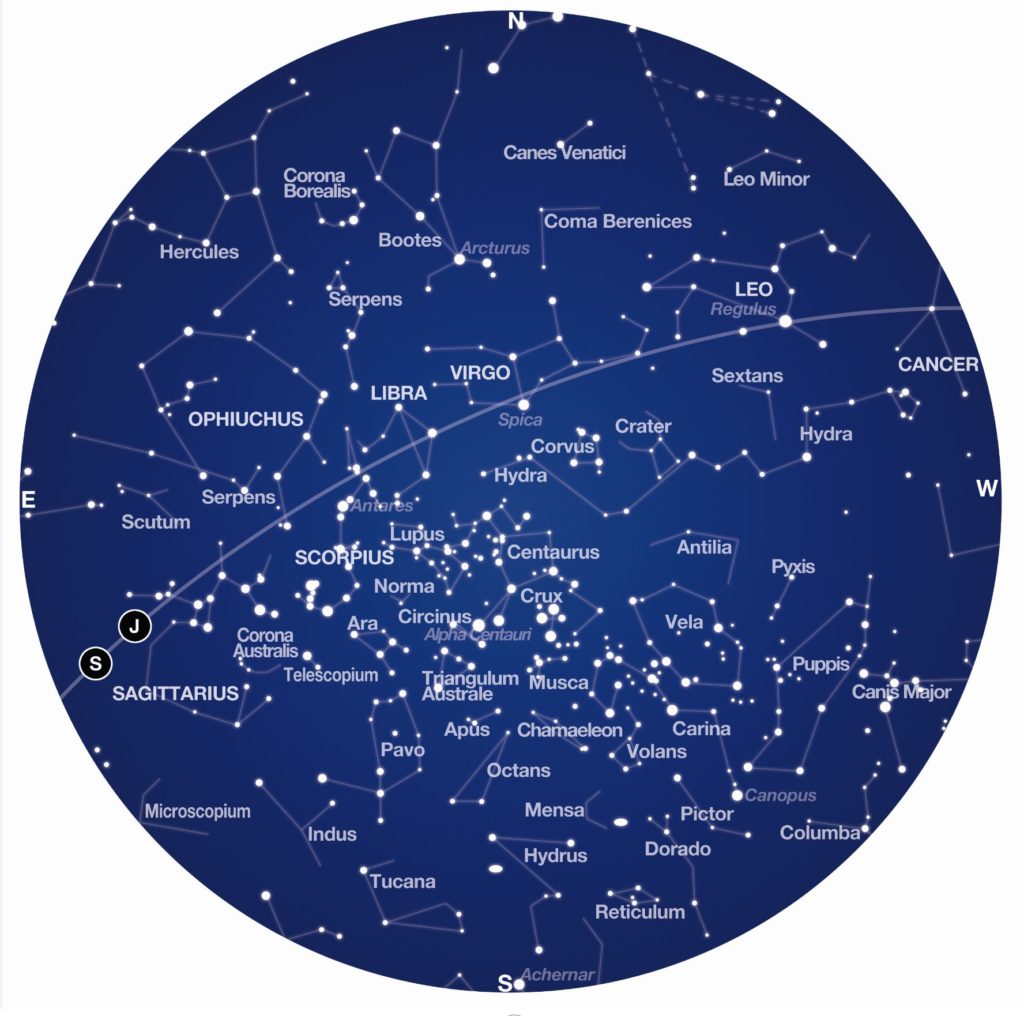 An illustration depicting the constellations in white against a dark blue circle.
